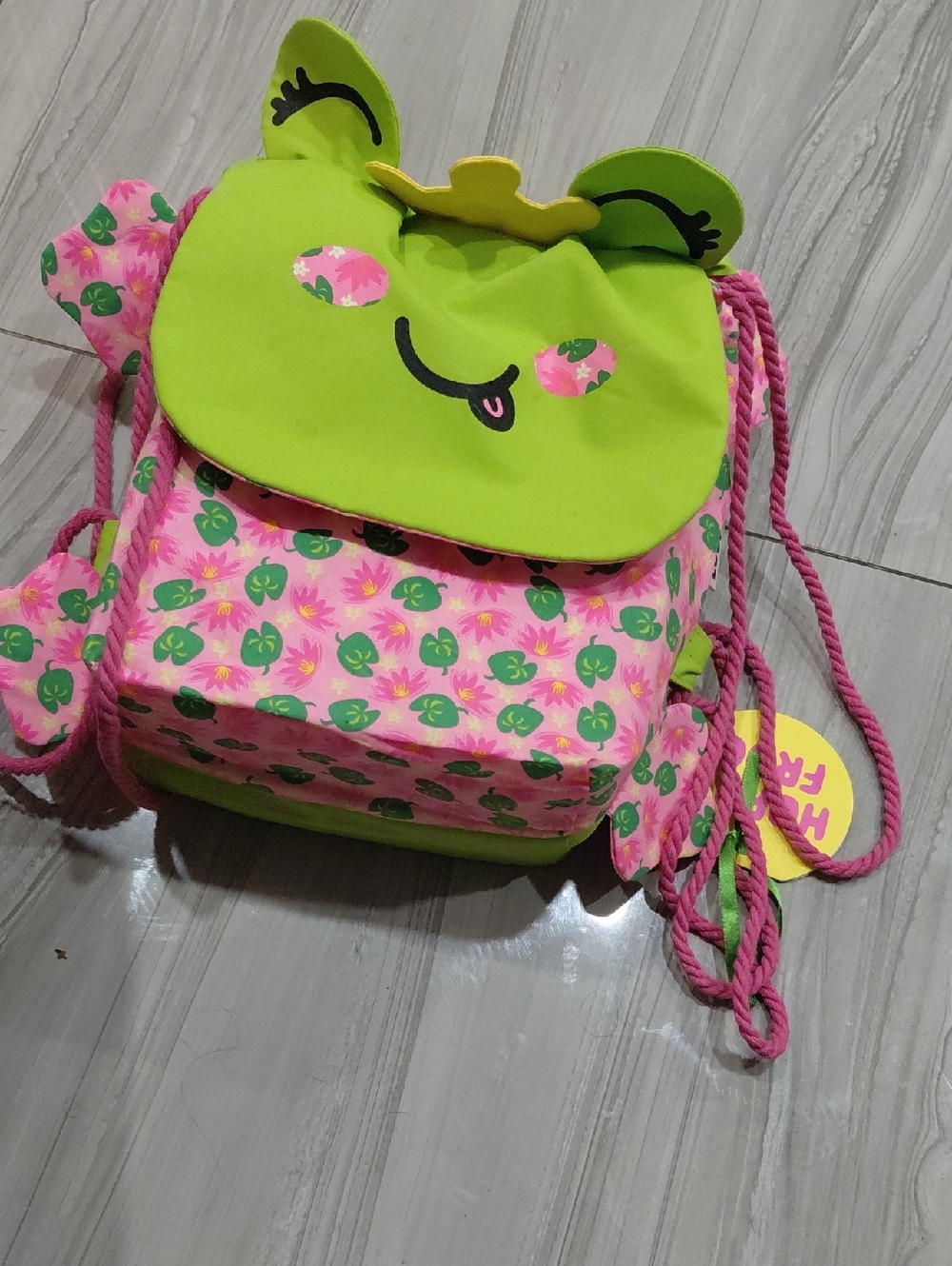 Lush Kids Frog Drawstring Backpack - Pink & Lime Green